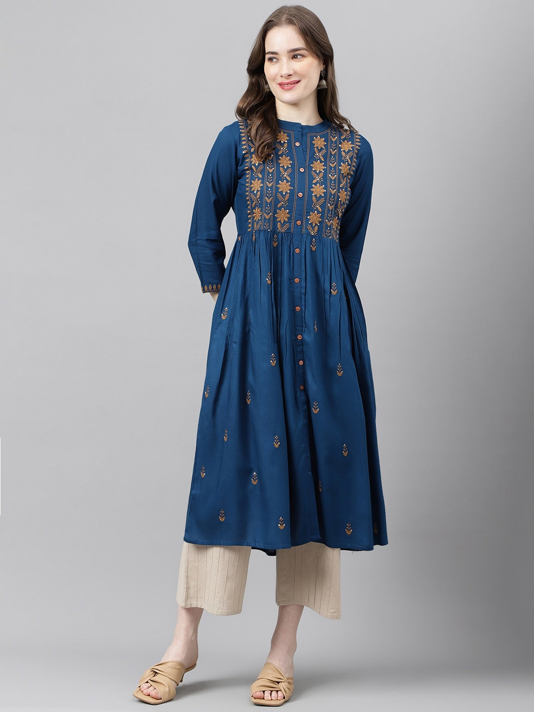 ANANDITA Ethnic Motifs Embroidered Thread Work Detailed Pleated A-Line Kurta, Navy blue
ANANDITA Ethnic Motifs Embroidered Thread Work Detailed Pleated A-Line Kurta, Navy blue
