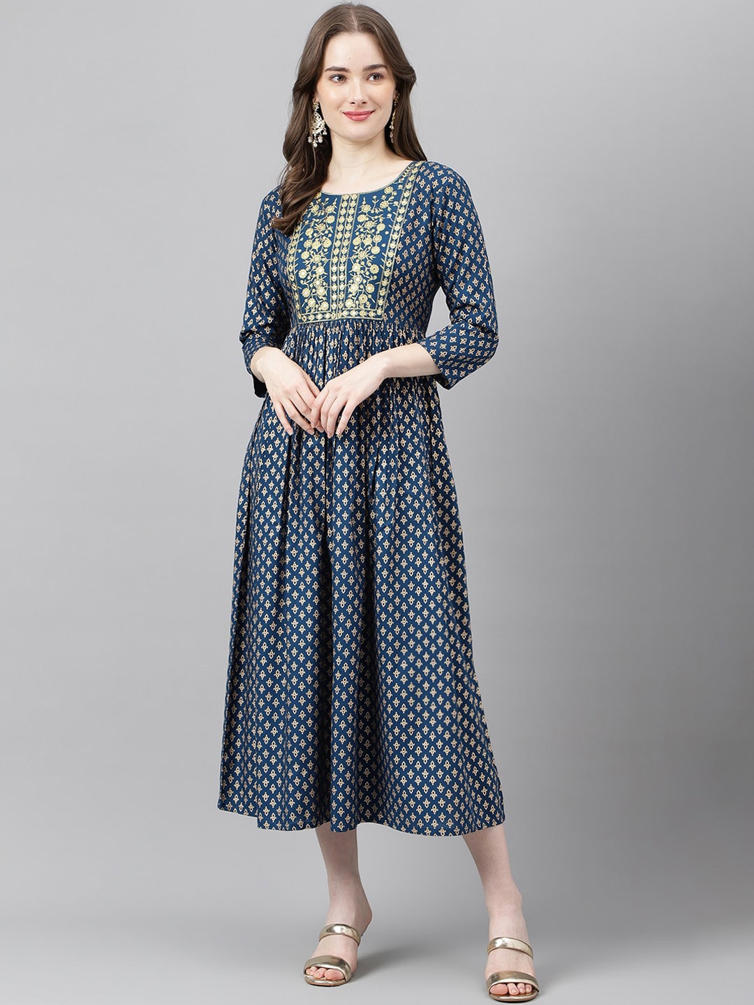 ANANDITA Ethnic Motifs Printed Gathered Detailed Fit & Flare Midi Ethnic Dress, Navy blue
ANANDITA Ethnic Motifs Printed Gathered Detailed Fit & Flare Midi Ethnic Dress, Navy blue
