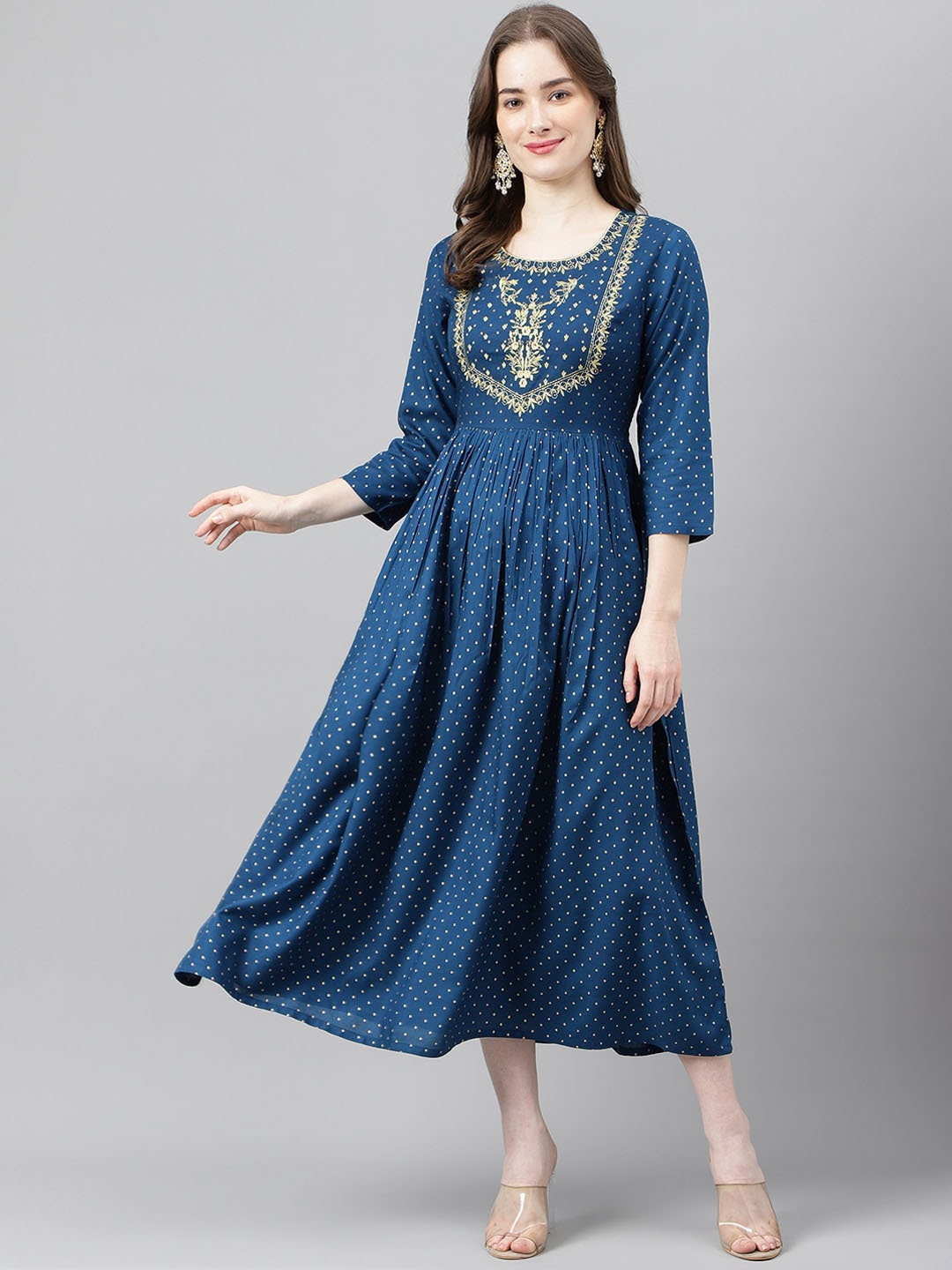 ANANDITA Ethnic Motifs Printed Gathered Detailed Fit & Flare Midi Ethnic Dress, Navy blue
ANANDITA Ethnic Motifs Printed Gathered Detailed Fit & Flare Midi Ethnic Dress, Navy blue