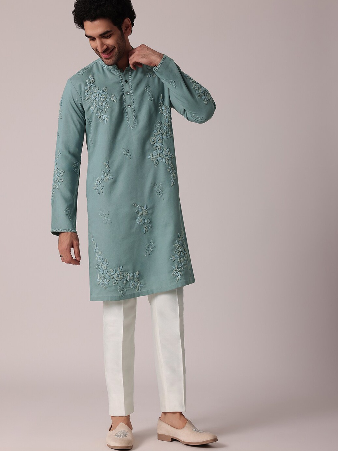 KALKI Fashion Floral Embroidered Mandarin Collar Linen Kurta with Trousers, Green
KALKI Fashion Floral Embroidered Mandarin Collar Linen Kurta with Trousers, Green