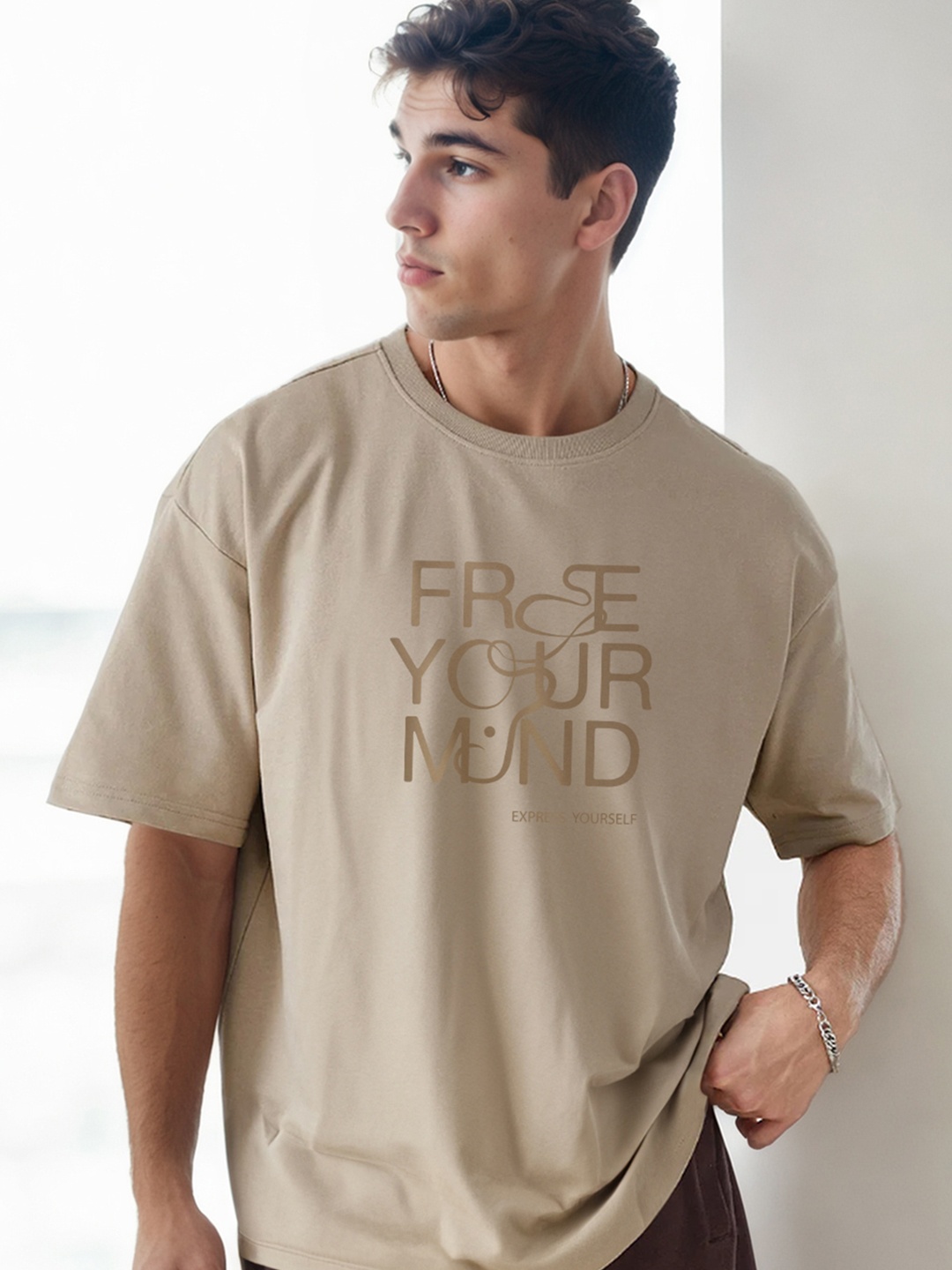 NOBERO Typography Printed Pure Cotton Drop-Shoulder Sleeves Oversized T-shirt, Beige
NOBERO Typography Printed Pure Cotton Drop-Shoulder Sleeves Oversized T-shirt, Beige