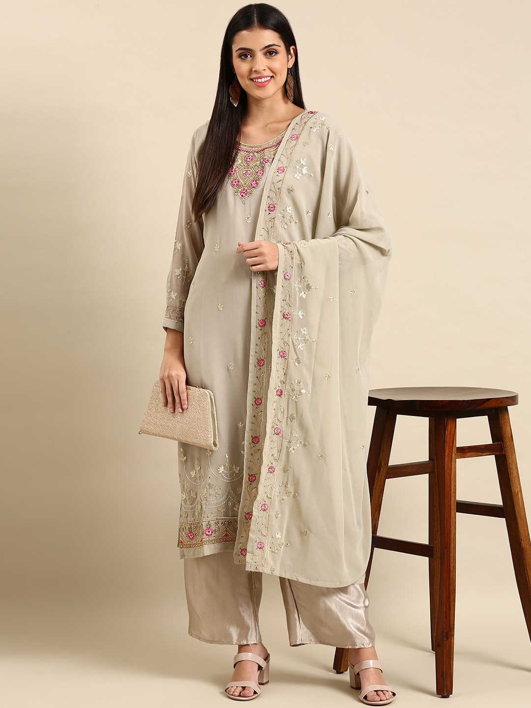 Shaily Floral Embroidered Thread Work Silk Georgette Kurta With Trousers & Dupatta, Grey
Shaily Floral Embroidered Thread Work Silk Georgette Kurta With Trousers & Dupatta, Grey