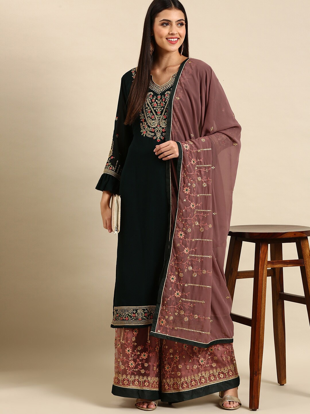 KALINI Ethnic Motifs Yoke Design Thread Work Silk Georgette Kurta With Sharara & Dupatta, Green
KALINI Ethnic Motifs Yoke Design Thread Work Silk Georgette Kurta With Sharara & Dupatta, Green