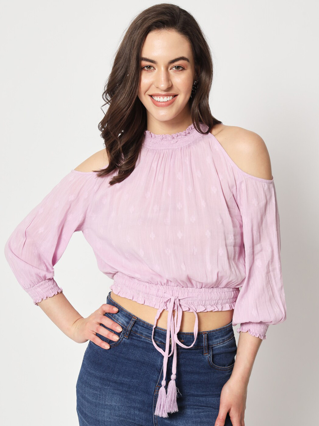 Zastraa Cold-Shoulder Cotton Cinched Waist Crop Top, Lavender 
Zastraa Cold-Shoulder Cotton Cinched Waist Crop Top, Lavender