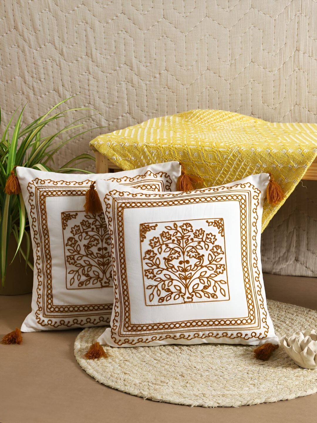 TARAN LIVING White & Mustard 2 Pieces Floral Embroidered Cotton Square Cushion Covers
TARAN LIVING White & Mustard 2 Pieces Floral Embroidered Cotton Square Cushion Covers