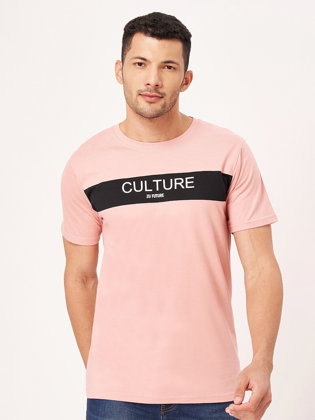 ZU Men Typography Applique T-shirt, Pink