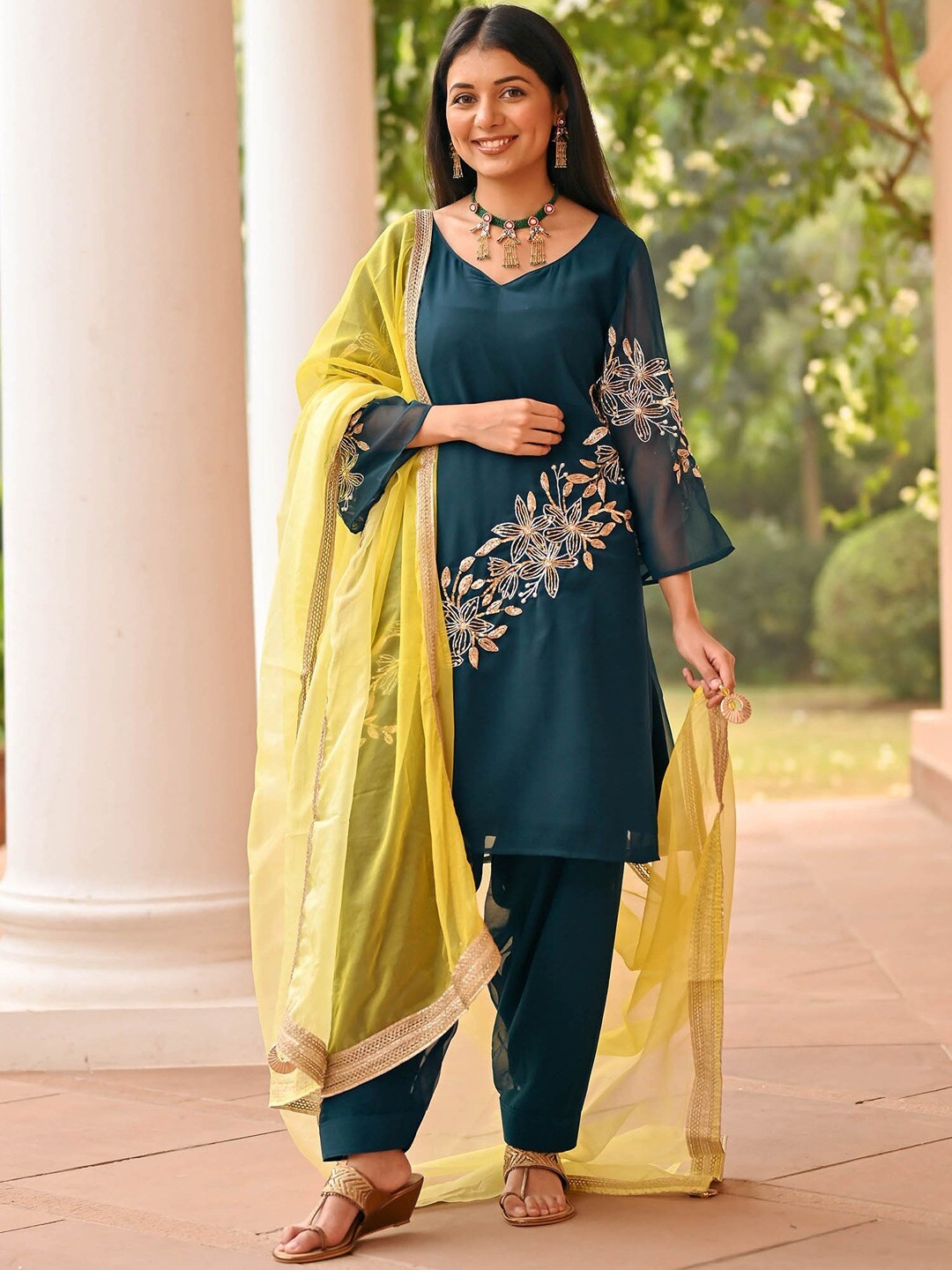 Lavanya The Label Floral Embroidered Georgette Kurta with Patiala & With Dupatta, Teal
Lavanya The Label Floral Embroidered Georgette Kurta with Patiala & With Dupatta, Teal