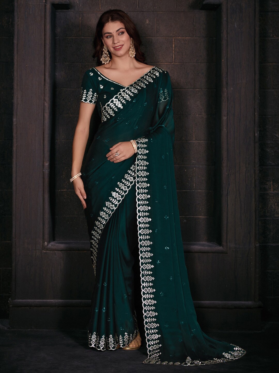 Saree mall Beads & Stones Pure Chiffon Sarees, Teal