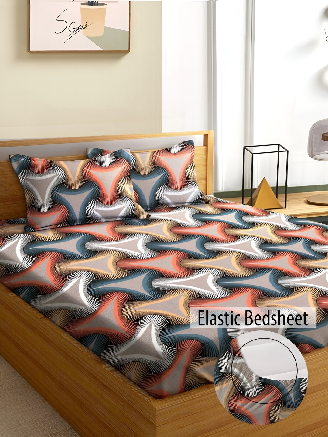 Aura Red & Yellow 180 TC Fitted Queen Bedsheet With 2 Pillow Covers