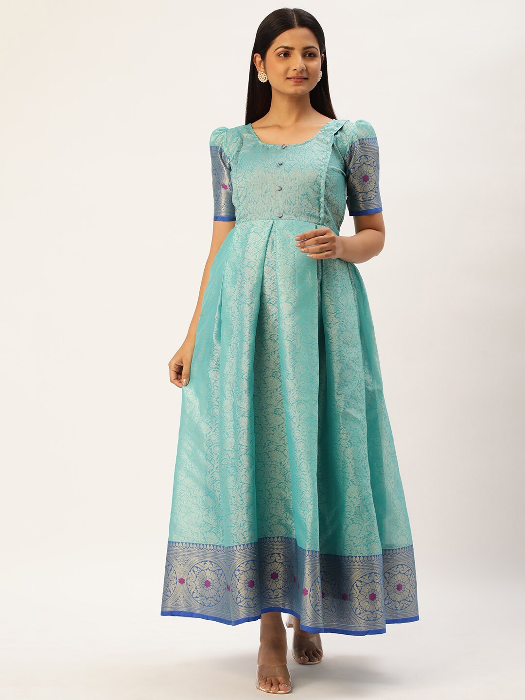 Vinya Jacquard Ethnic Motifs Self Design Fit & Flare Maternity Maxi Ethnic Dress, Turquoise blue
Vinya Jacquard Ethnic Motifs Self Design Fit & Flare Maternity Maxi Ethnic Dress, Turquoise blue