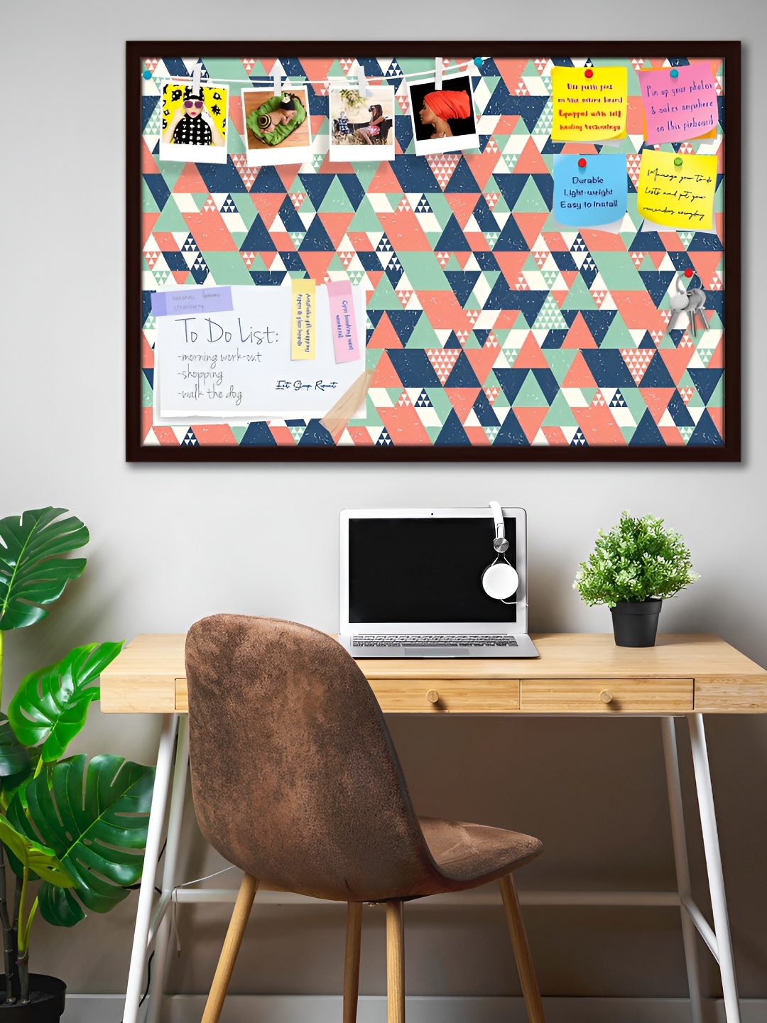 ArtzFolio Blue Triangles Printed Wooden Bulletin Board With Sticky Notes