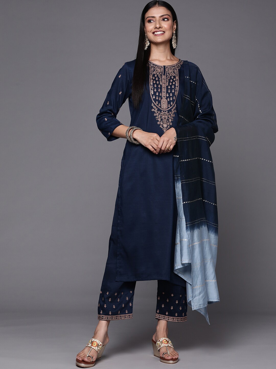 KALINI Ethnic Motifs Yoke Design Thread Work Kurta with Trousers & Dupatta, Navy blue
KALINI Ethnic Motifs Yoke Design Thread Work Kurta with Trousers & Dupatta, Navy blue