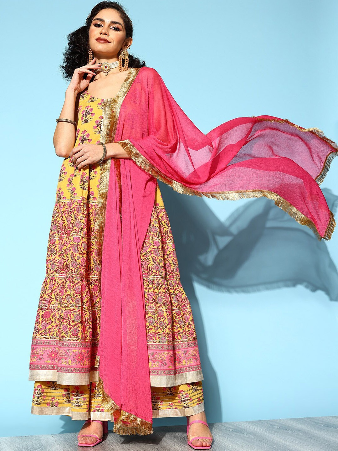 KALINI Ethnic Motifs Printed Patchwork Tiered Pure Cotton Kurta With Sharara & Dupatta, Yellow
KALINI Ethnic Motifs Printed Patchwork Tiered Pure Cotton Kurta With Sharara & Dupatta, Yellow
