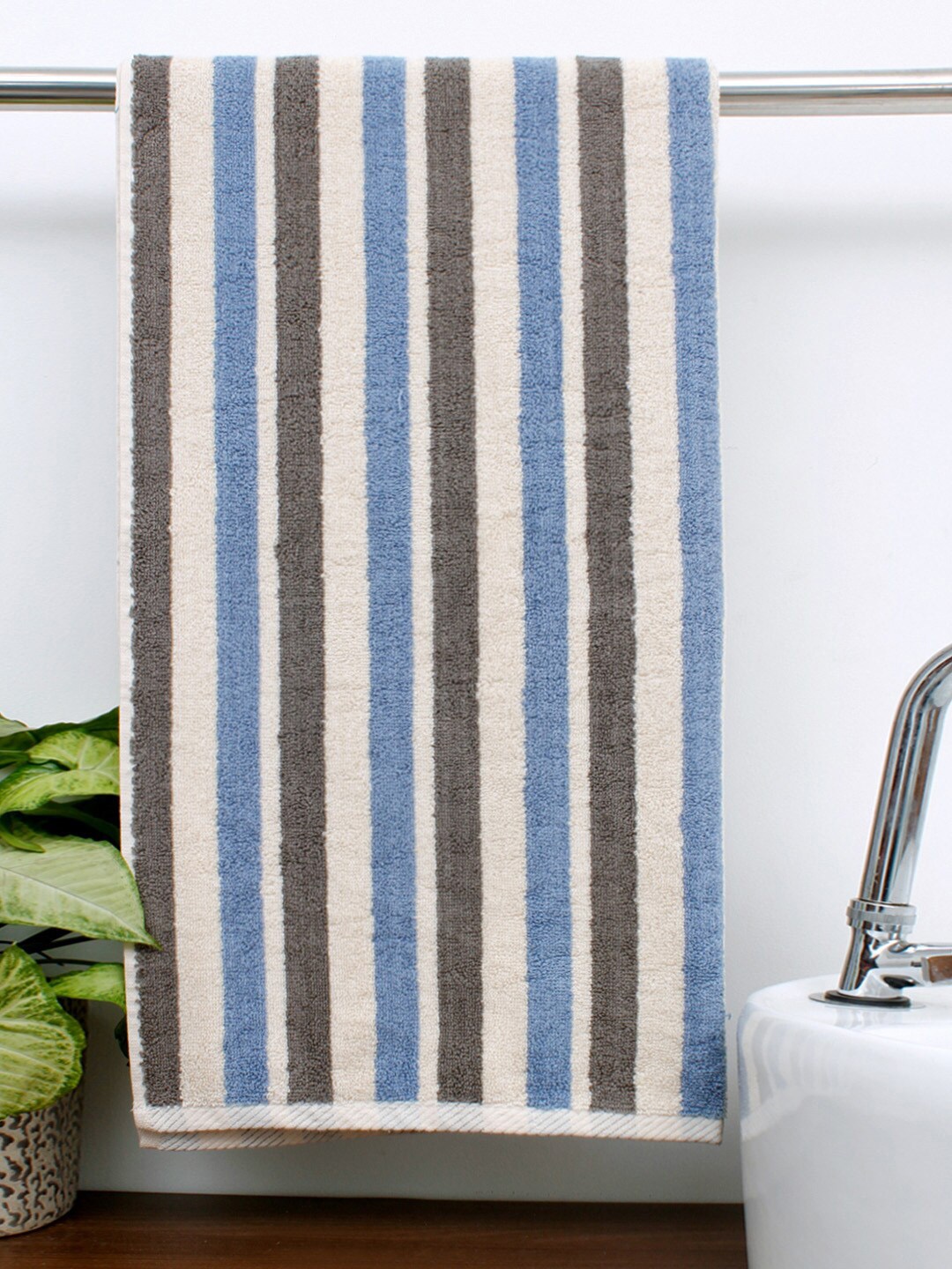 AVI Living Black & Blue Striped Cotton 500 GSM Bath Towel