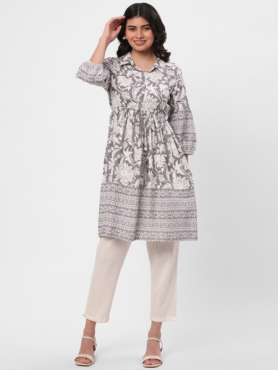 R&B Floral Printed A-Line Kurta, Grey