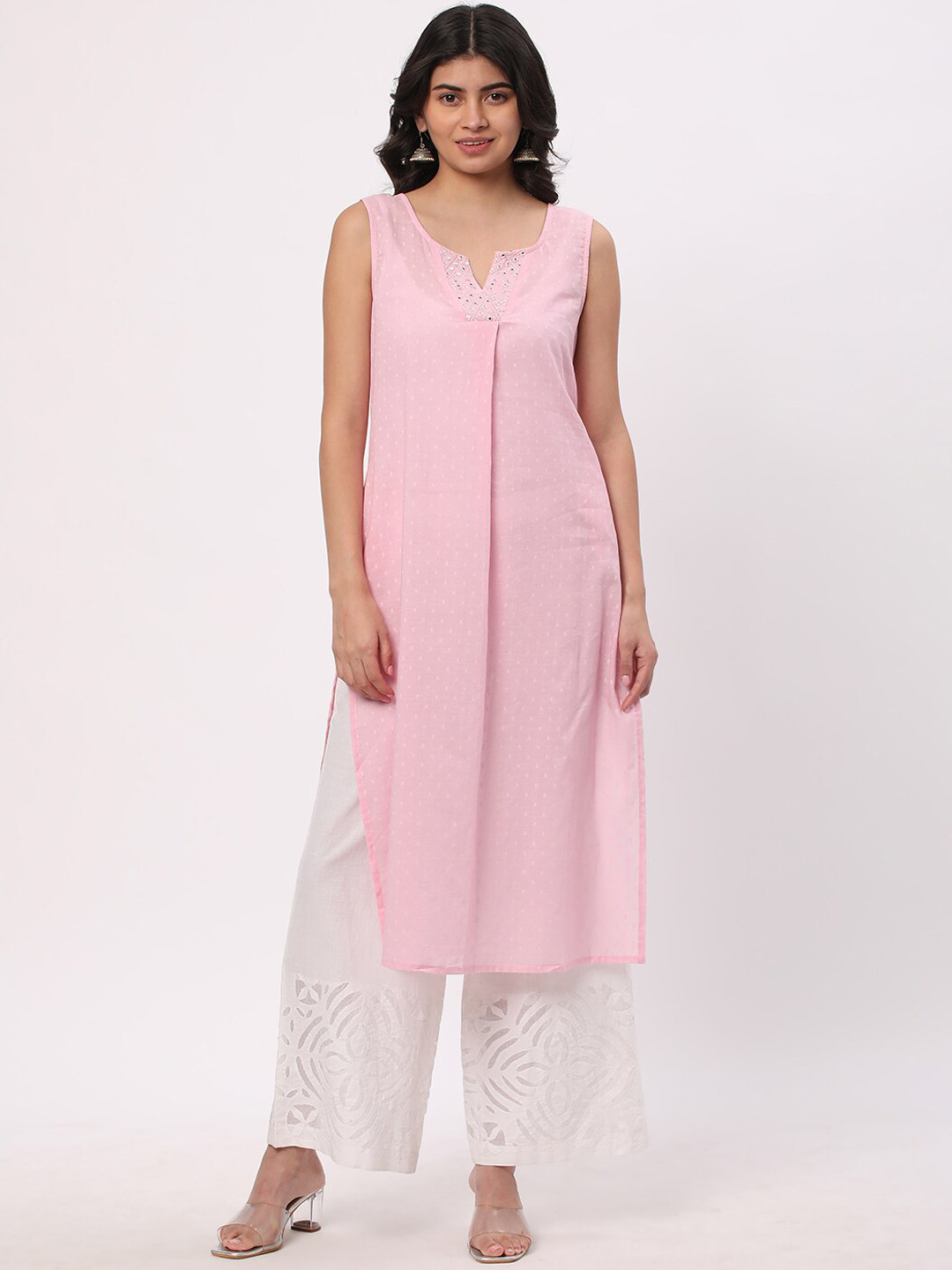 R&B Polka Dots Printed Round Neck Mirror Work Cotton Straight Kurta, Pink
R&B Polka Dots Printed Round Neck Mirror Work Cotton Straight Kurta, Pink