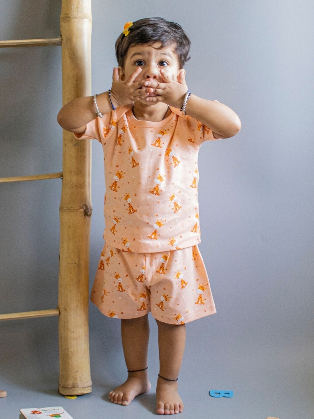 BAESD Unisex Kids Printed T-shirt with Shorts, Peach