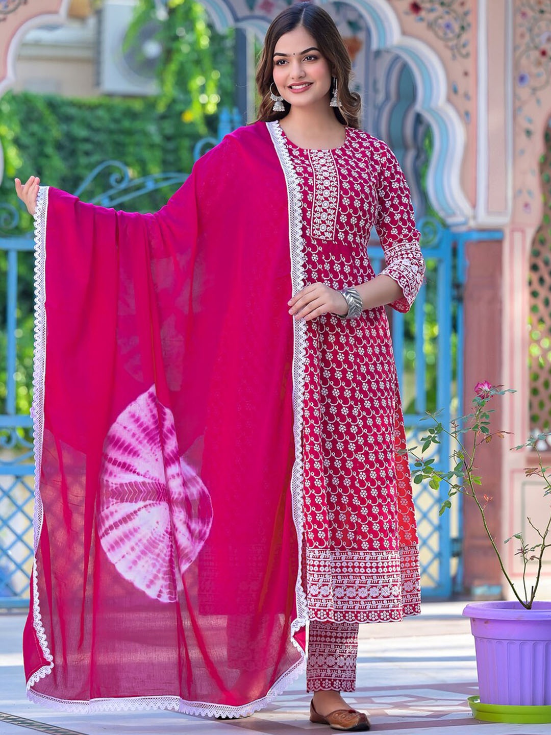 Chandbaali Ethnic Motifs Embroidered Pure Cotton Straight Kurta & Trouser With Dupatta, Magenta
Chandbaali Ethnic Motifs Embroidered Pure Cotton Straight Kurta & Trouser With Dupatta, Magenta