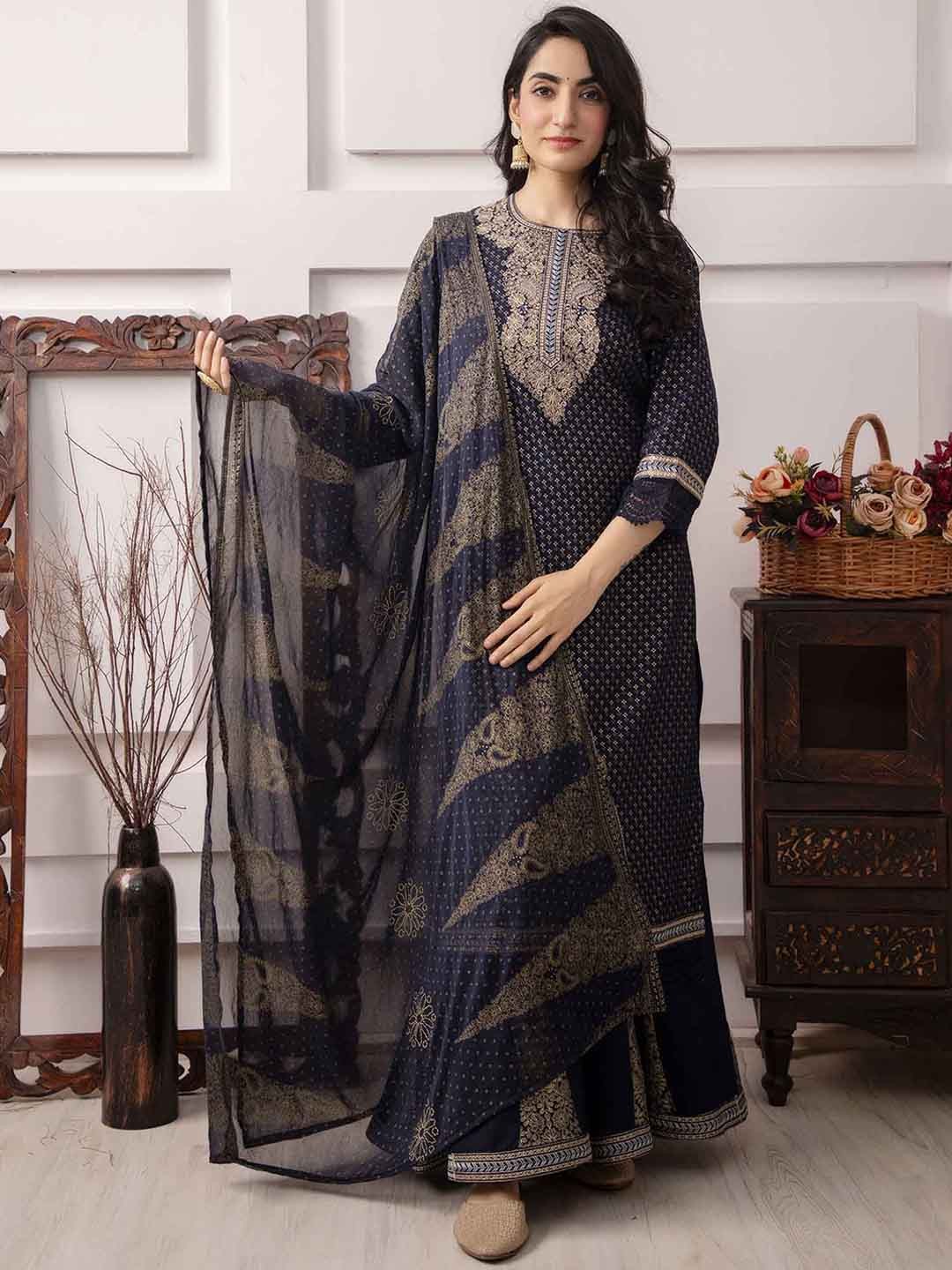 KALINI Ethnic Motifs Printed Thread Work Kurta with Palazzos & Dupatta, Navy blue
KALINI Ethnic Motifs Printed Thread Work Kurta with Palazzos & Dupatta, Navy blue