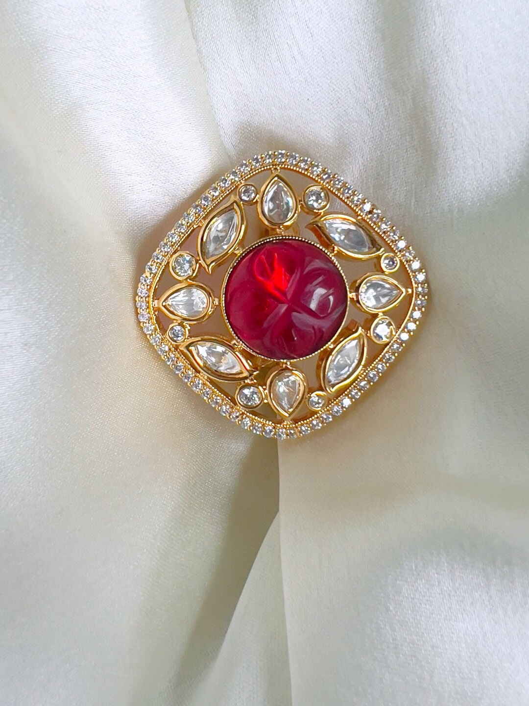 XAGO Gold-Plated Kundan Studded Finger Ring