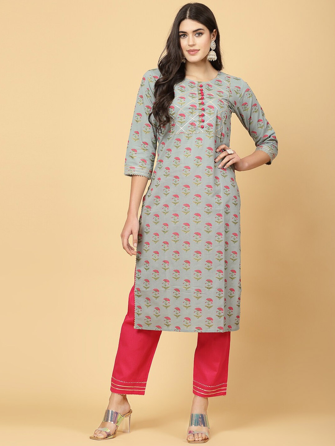 Pistaa Floral Printed Regular Gotta Patti Pure Cotton Kurta With Palazzo, Green
Pistaa Floral Printed Regular Gotta Patti Pure Cotton Kurta With Palazzo, Green