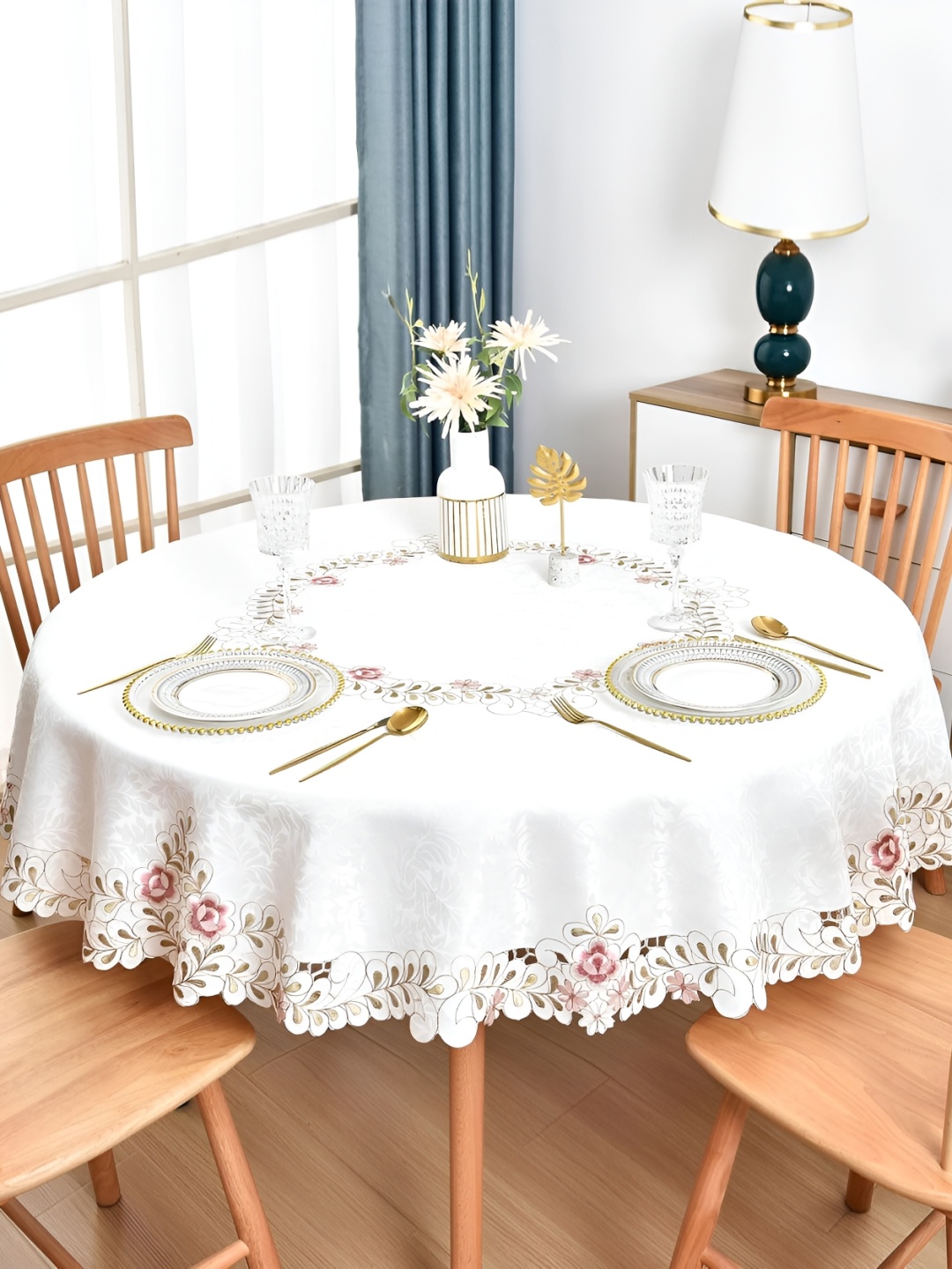 MONKDECOR White Floral Round 4-Seater Satin Table Cover with Embroidered details
MONKDECOR White Floral Round 4-Seater Satin Table Cover with Embroidered details