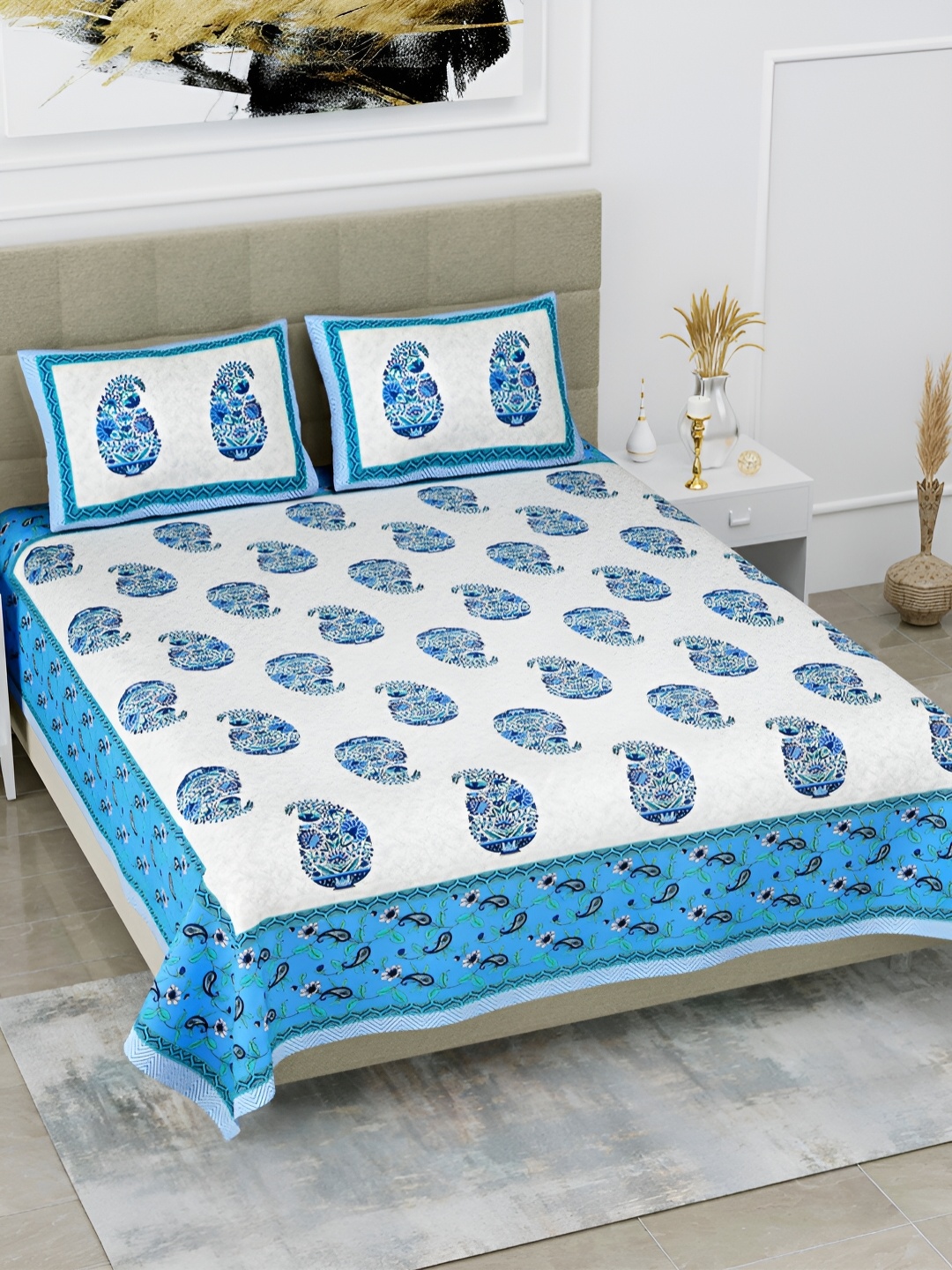 POORAK Blue & White Ethnic Motifs 144 TC Pure Cotton King Bedsheet With 2 Pillow Covers
POORAK Blue & White Ethnic Motifs 144 TC Pure Cotton King Bedsheet With 2 Pillow Covers