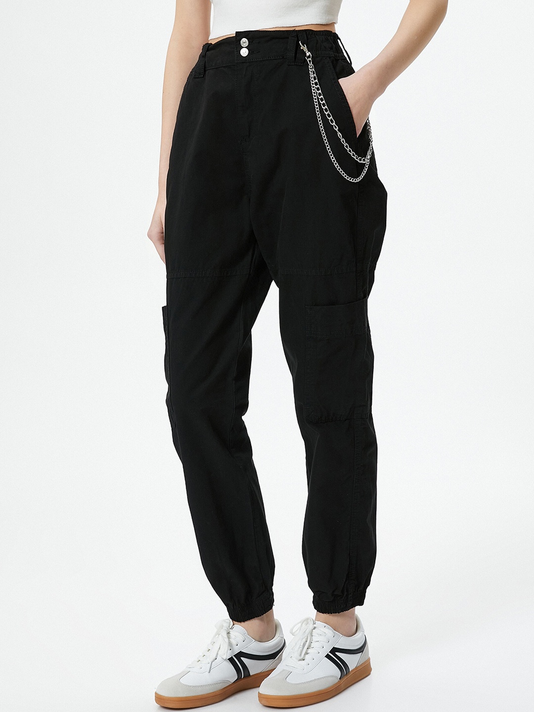 Koton Women Mid Rise Pure Cotton Trousers, Black