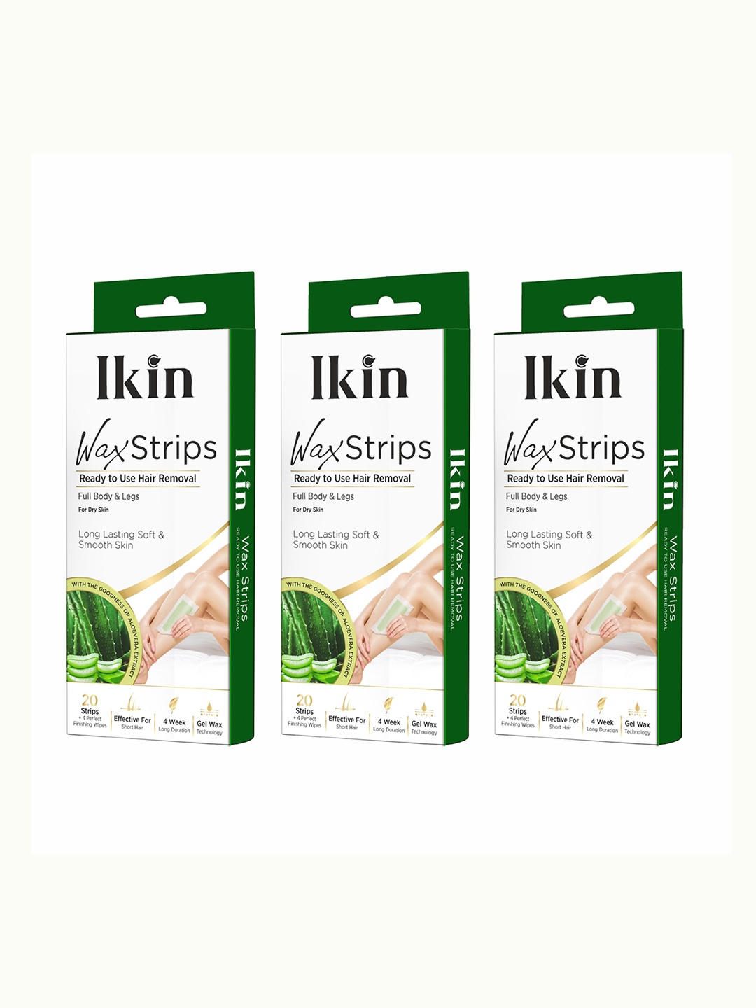 Ikin Set of 3 Instant Wax Strips with Aloe Vera - 20 Strips with 4 Wet Wipes each, Green
Ikin Set of 3 Instant Wax Strips with Aloe Vera - 20 Strips with 4 Wet Wipes each, Green