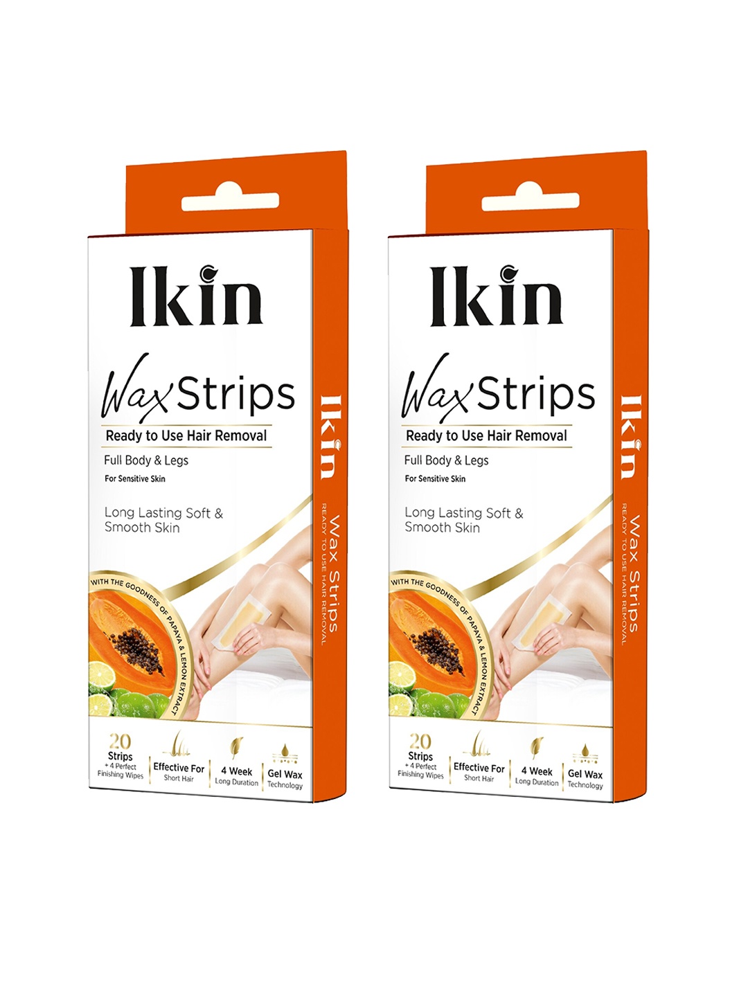 Ikin Set of 2 Instant Wax Strips with Papaya & Lemon - 20 Strips with 4 Wet Wipes each, Orange
Ikin Set of 2 Instant Wax Strips with Papaya & Lemon - 20 Strips with 4 Wet Wipes each, Orange