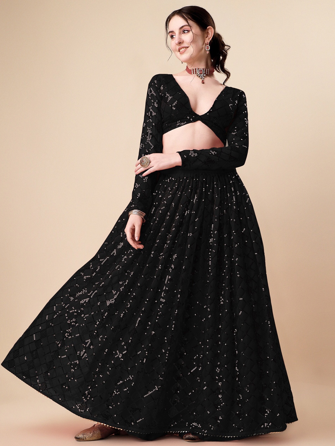 KALINI Embroidered Sequinned Ready to Wear Lehenga & Unstitched Blouse With Dupatta, Black
KALINI Embroidered Sequinned Ready to Wear Lehenga & Unstitched Blouse With Dupatta, Black