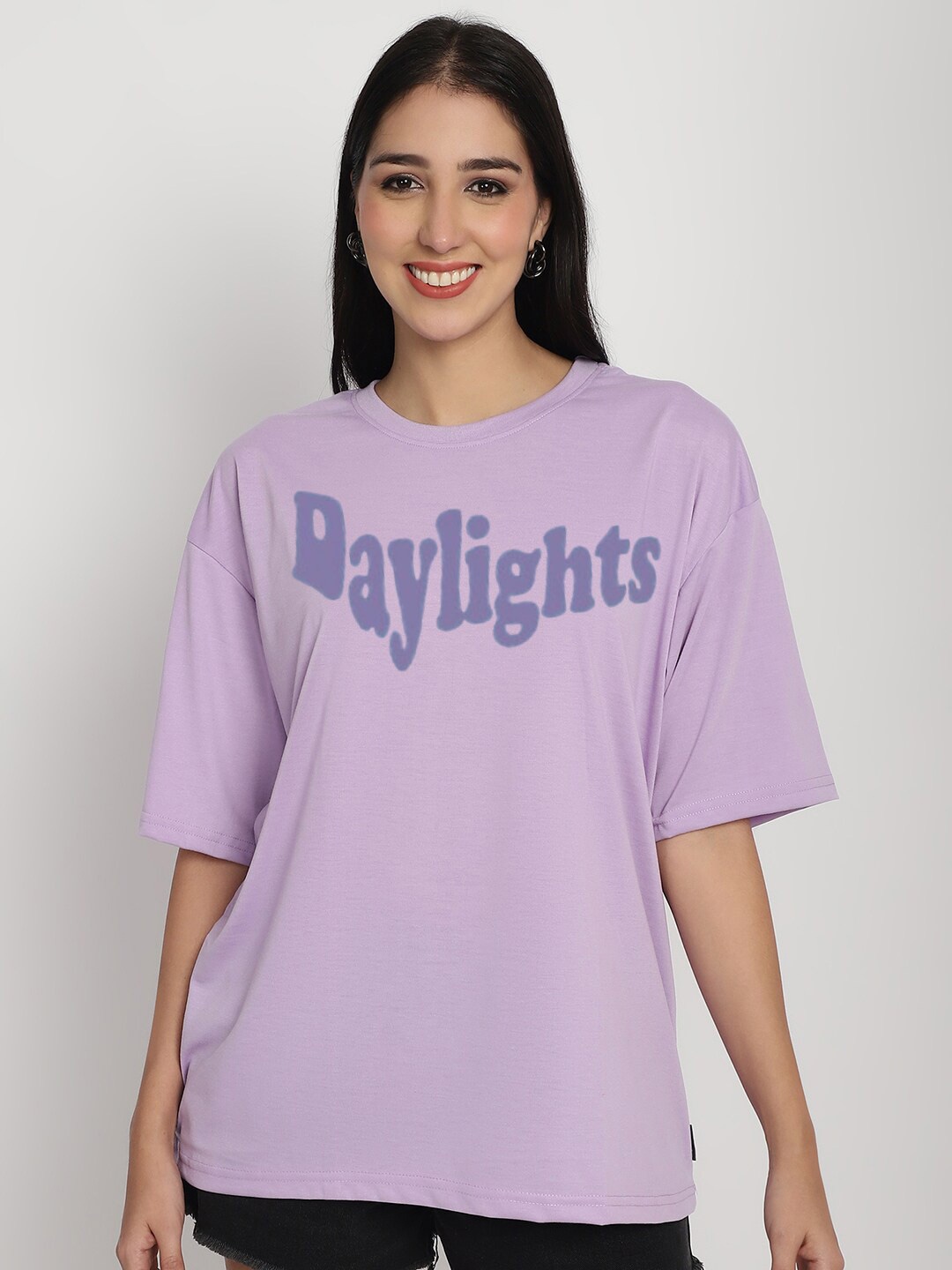 YOU FOREVER Typography Printed Oversized Longline Cotton T-shirt, Purple