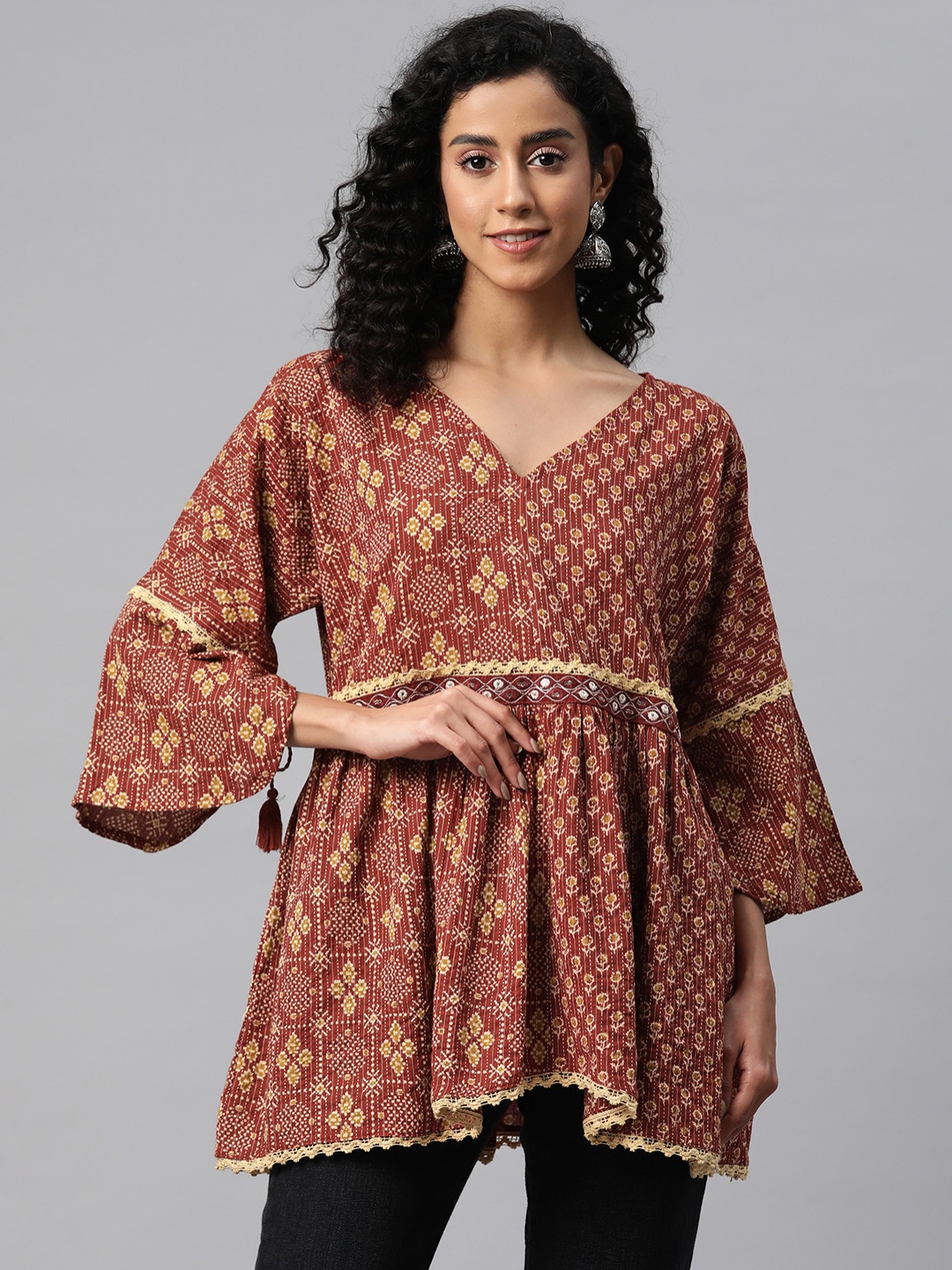 Readiprint Fashions Printed Cotton Peplum Longline Ethnic Top, Red