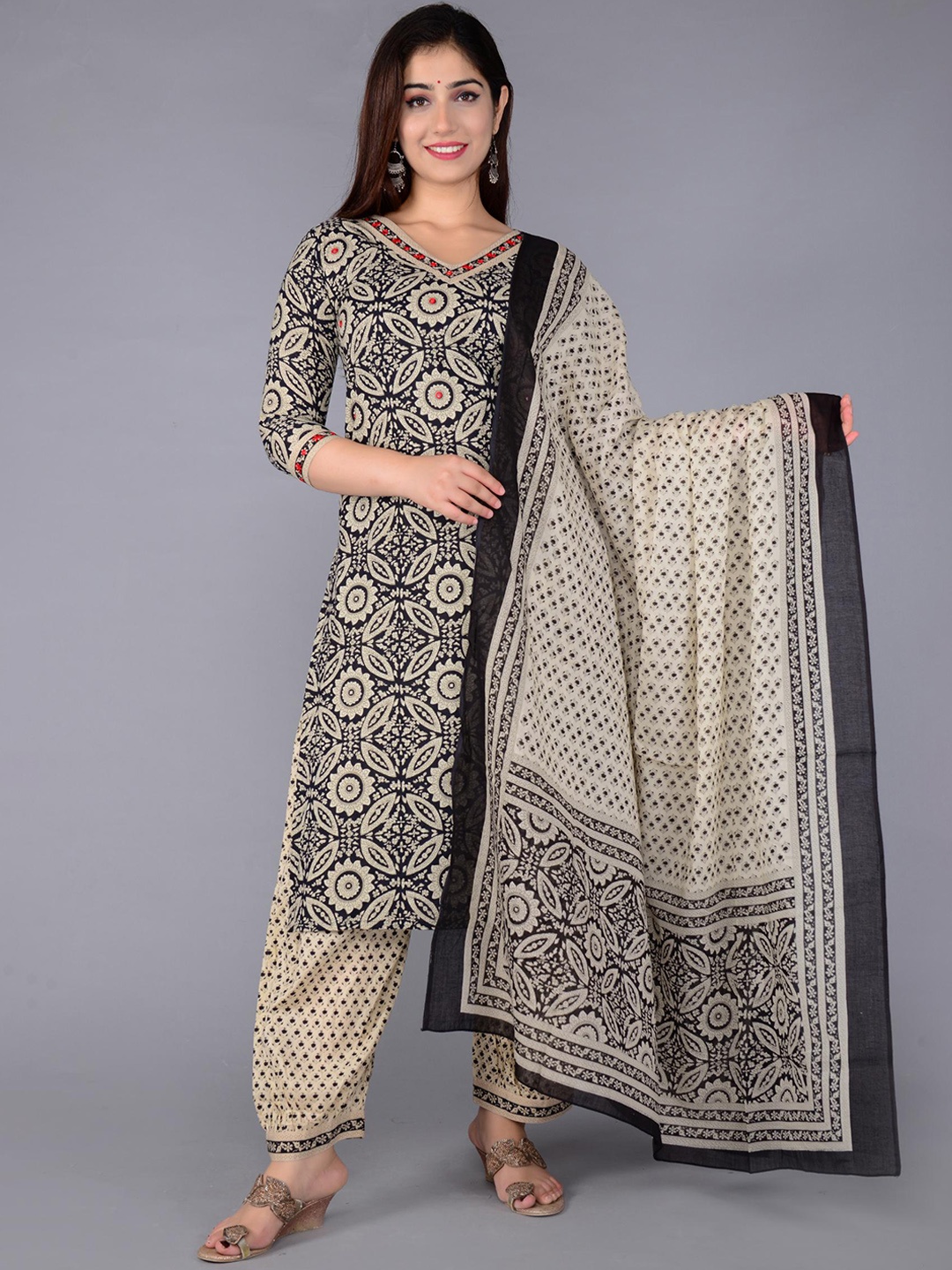 KALINI Ethnic Motifs Printed Mirror Work Pure Cotton Kurta With Salwar & Dupatta, Black
KALINI Ethnic Motifs Printed Mirror Work Pure Cotton Kurta With Salwar & Dupatta, Black
