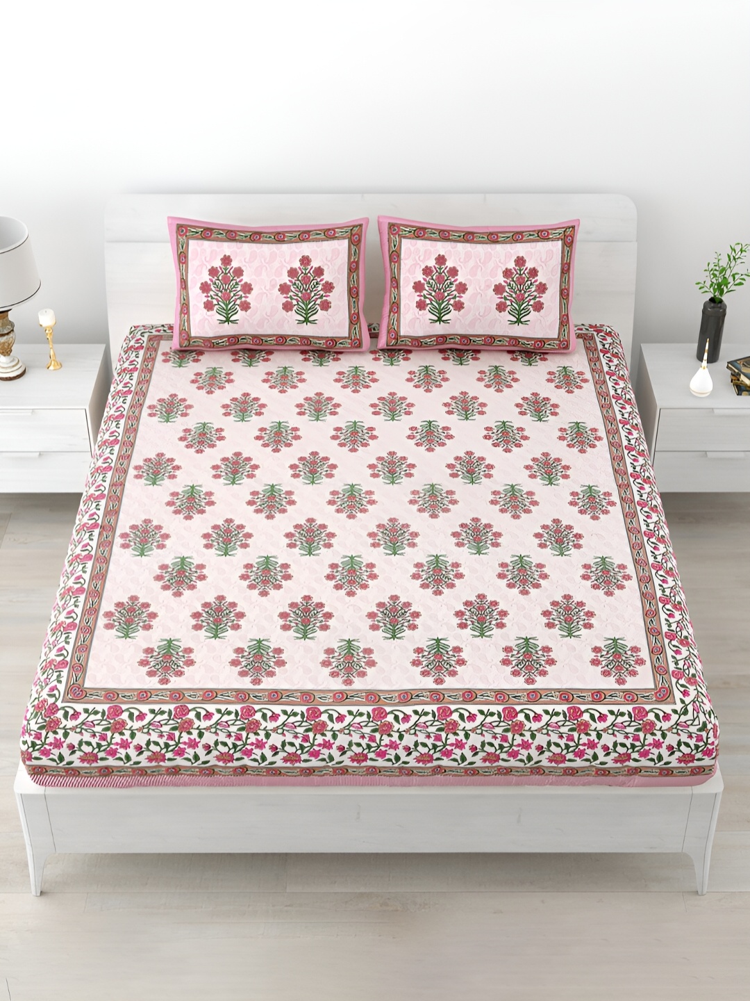 POORAK Pink & Green Floral Printed Cotton 120 TC King Bedsheet with 2 Pillow Covers
POORAK Pink & Green Floral Printed Cotton 120 TC King Bedsheet with 2 Pillow Covers
