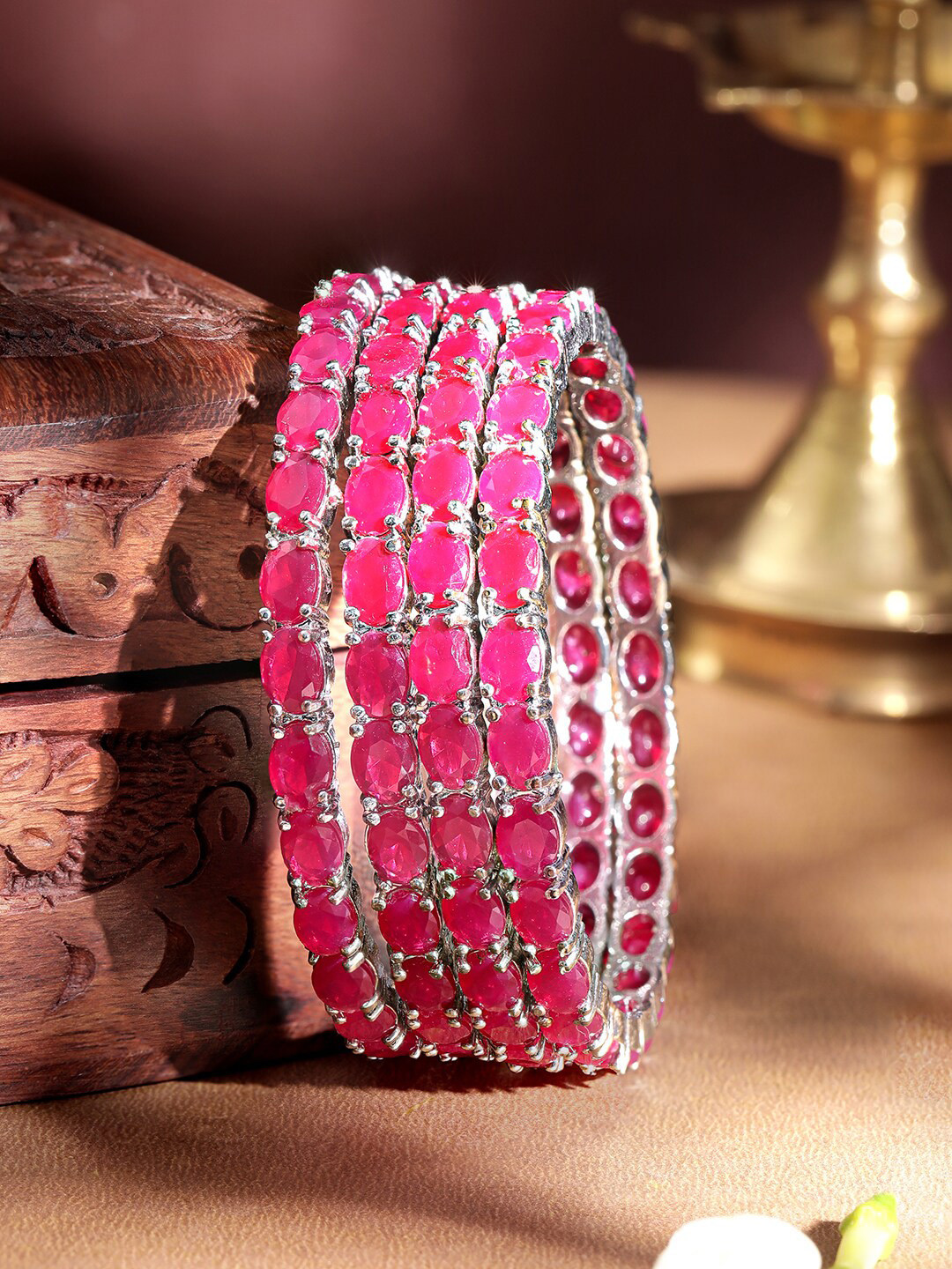 Rubans Set of 4 Rhodium Plated Ruby Pink Stone Studded Handcrafted Bangle, Silver
Rubans Set of 4 Rhodium Plated Ruby Pink Stone Studded Handcrafted Bangle, Silver