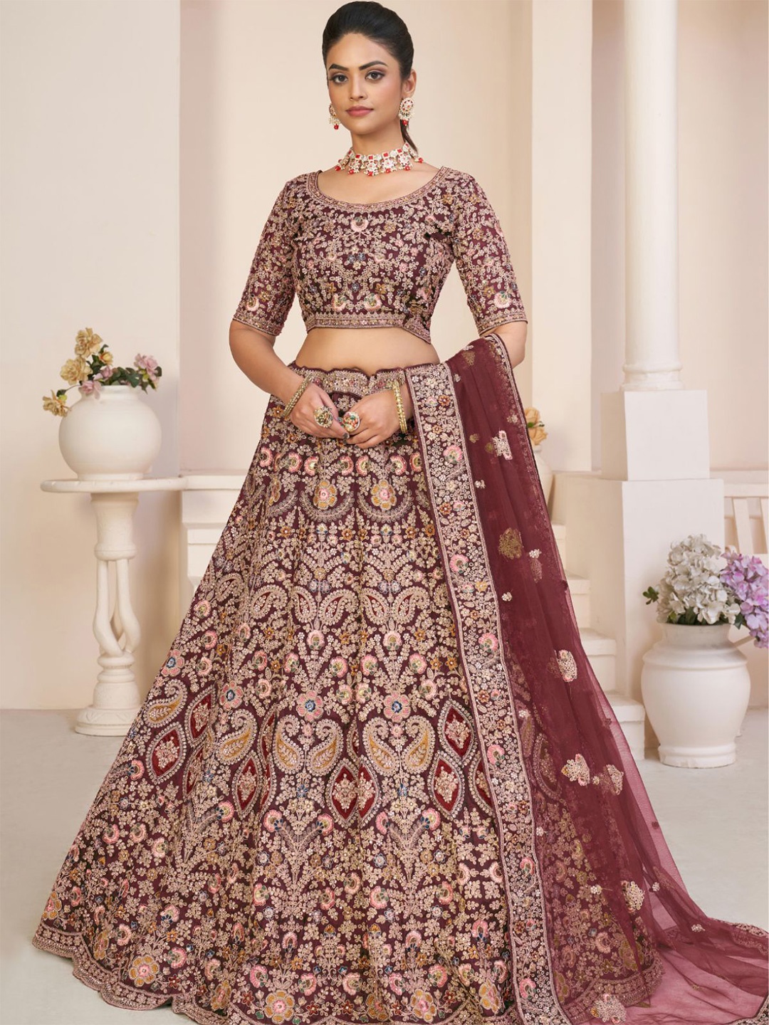 ODETTE Embroidered Sequinned Semi-Stitched Lehenga & Unstitched Blouse With Dupatta, Maroon
ODETTE Embroidered Sequinned Semi-Stitched Lehenga & Unstitched Blouse With Dupatta, Maroon