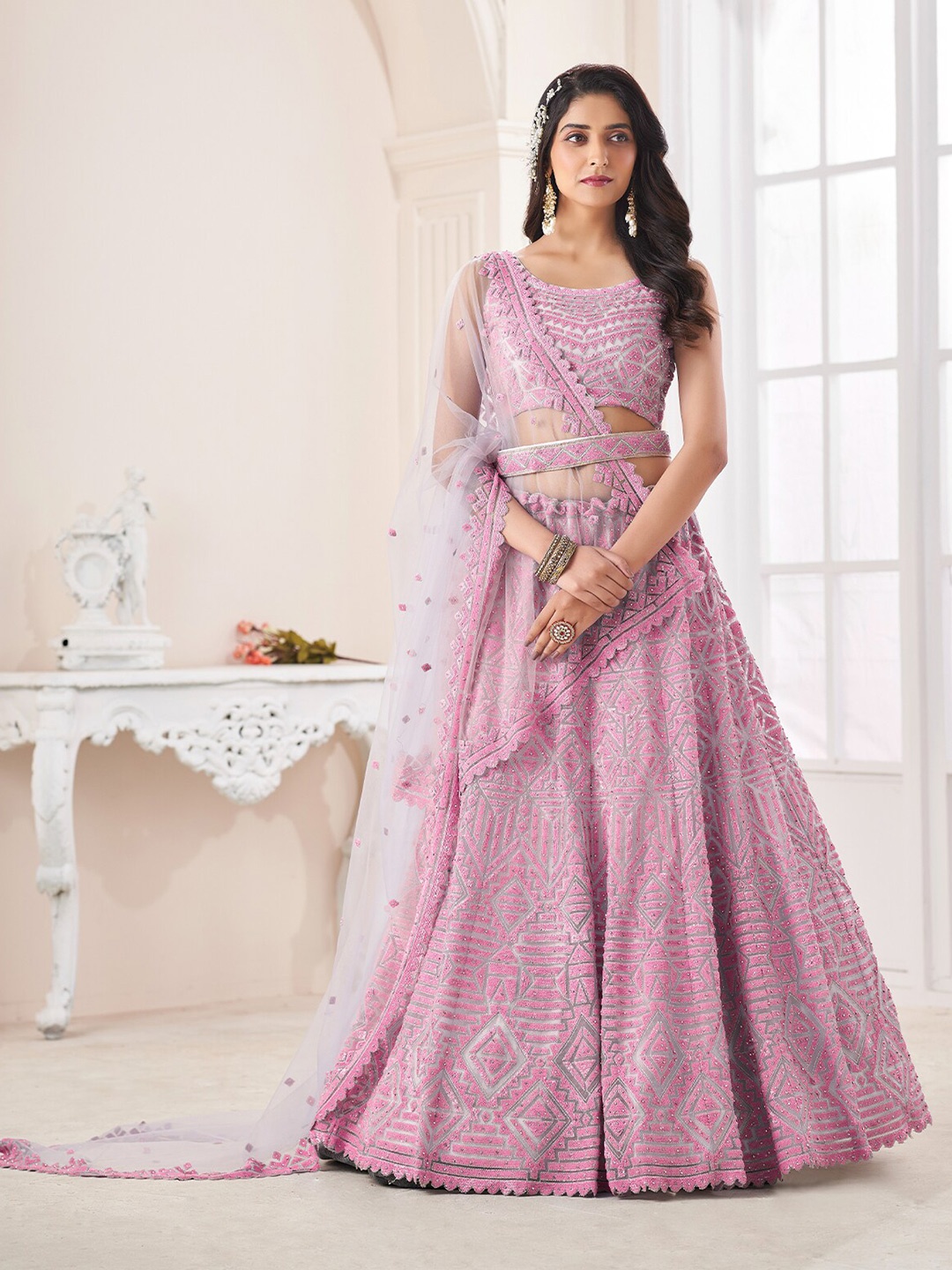 ODETTE Embellished Net Semi-Stitched Lehenga & Unstitched Blouse With Dupatta, Pink
ODETTE Embellished Net Semi-Stitched Lehenga & Unstitched Blouse With Dupatta, Pink