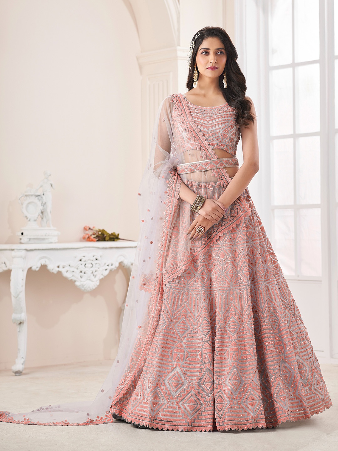 ODETTE Embellished Beads and Stones Semi-Stitched Lehenga & Unstitched Blouse With Dupatta, Peach
ODETTE Embellished Beads and Stones Semi-Stitched Lehenga & Unstitched Blouse With Dupatta, Peach