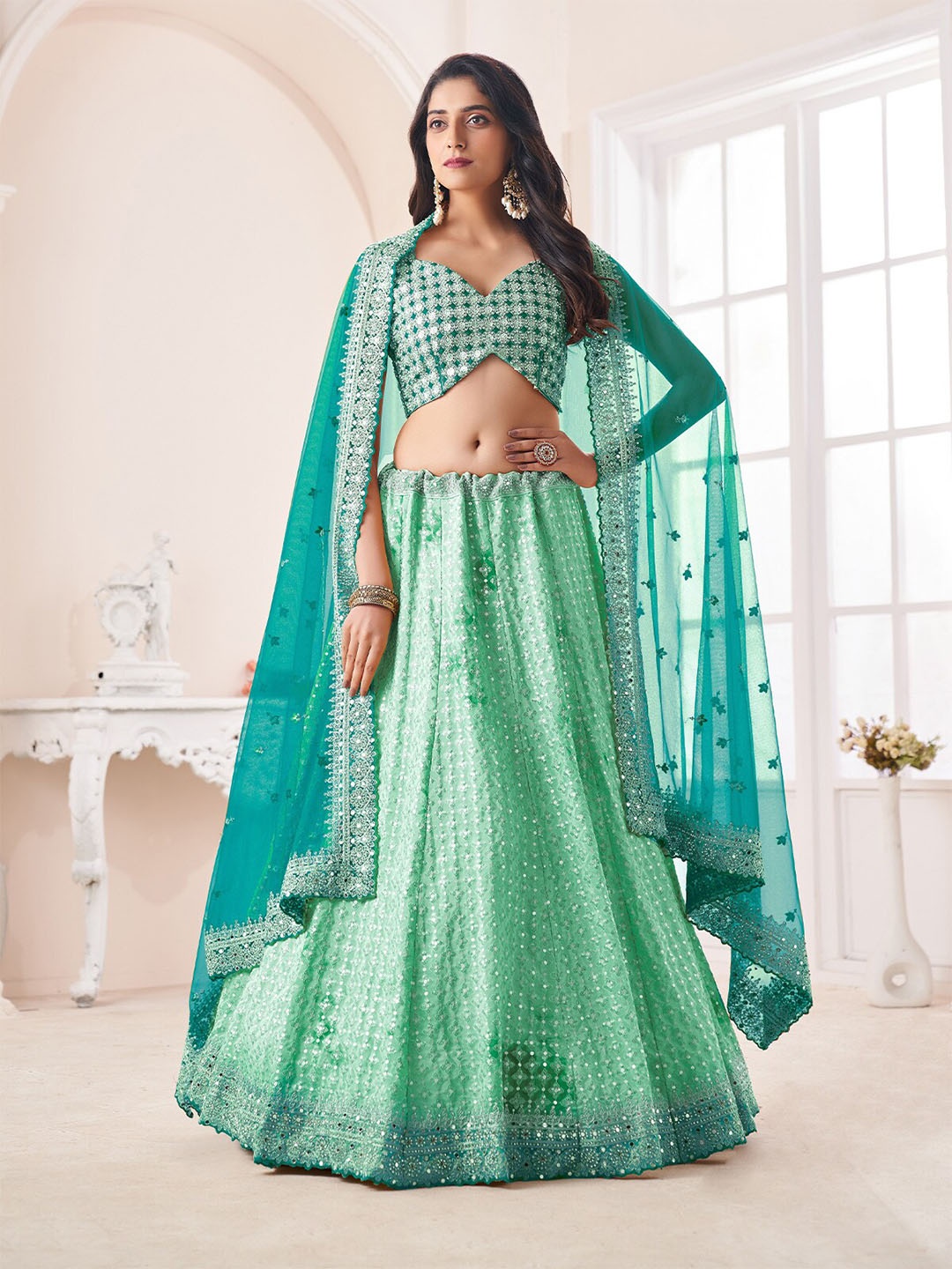 ODETTE Embroidered Shibori Semi-Stitched Lehenga & Unstitched Blouse With Dupatta, Green
ODETTE Embroidered Shibori Semi-Stitched Lehenga & Unstitched Blouse With Dupatta, Green