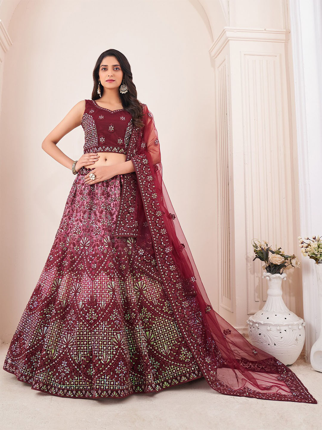 ODETTE Embroidered Sequined Semi-Stitched Lehenga & Unstitched Blouse With Dupatta, Maroon
ODETTE Embroidered Sequined Semi-Stitched Lehenga & Unstitched Blouse With Dupatta, Maroon