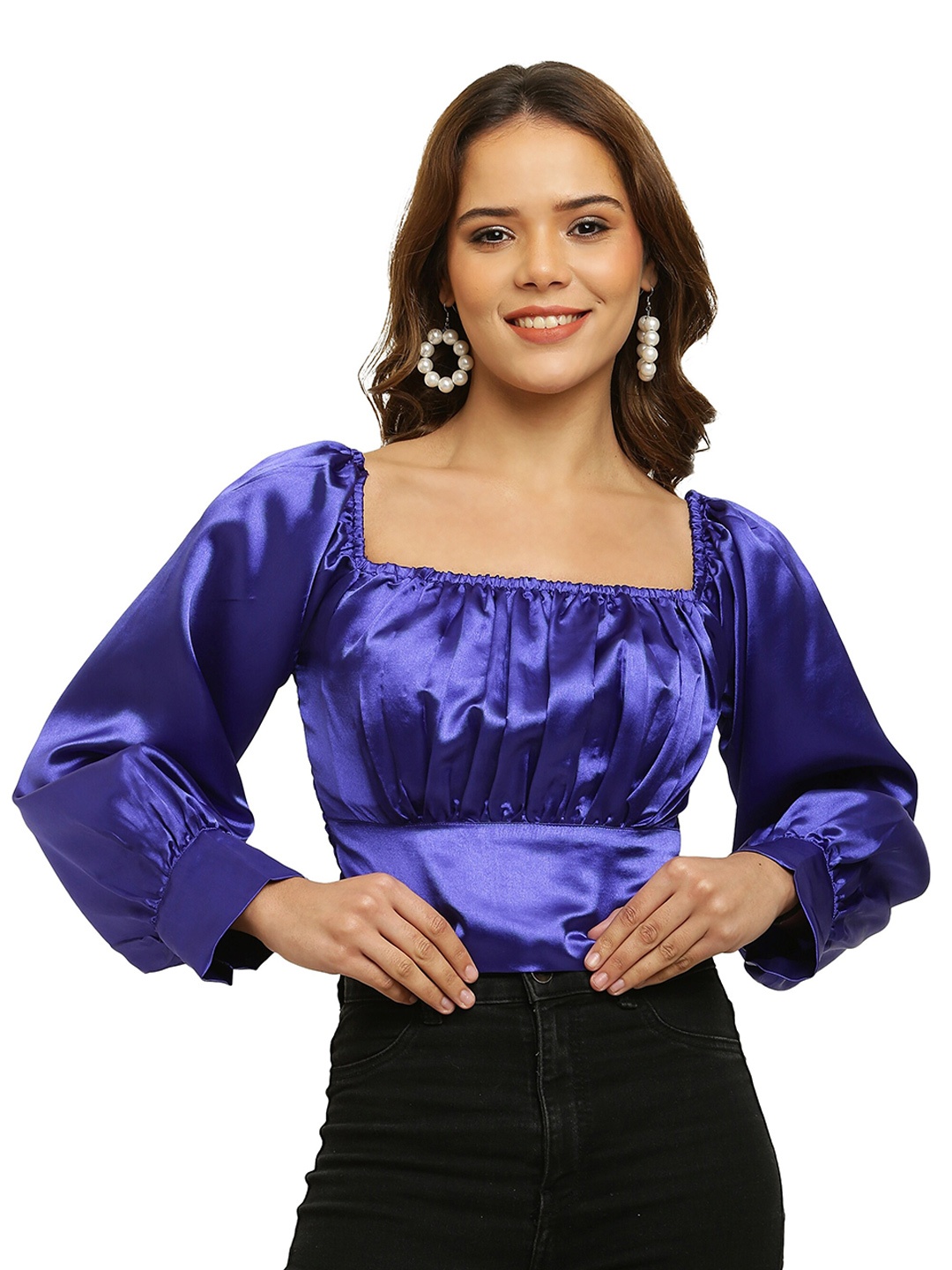 ADDICTED ATTIRE Square Neck Cuffed Sleeves Gathered Detailed Satin Fitted Crop Top, Blue
ADDICTED ATTIRE Square Neck Cuffed Sleeves Gathered Detailed Satin Fitted Crop Top, Blue