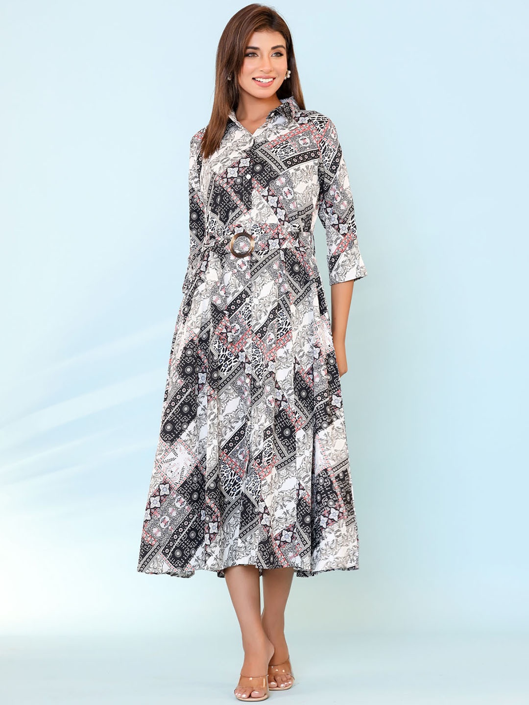 FASHION DWAR Floral Printed Roll-Up Sleeves Belted Pure Cotton Shirt Style Midi Dress, Black
FASHION DWAR Floral Printed Roll-Up Sleeves Belted Pure Cotton Shirt Style Midi Dress, Black