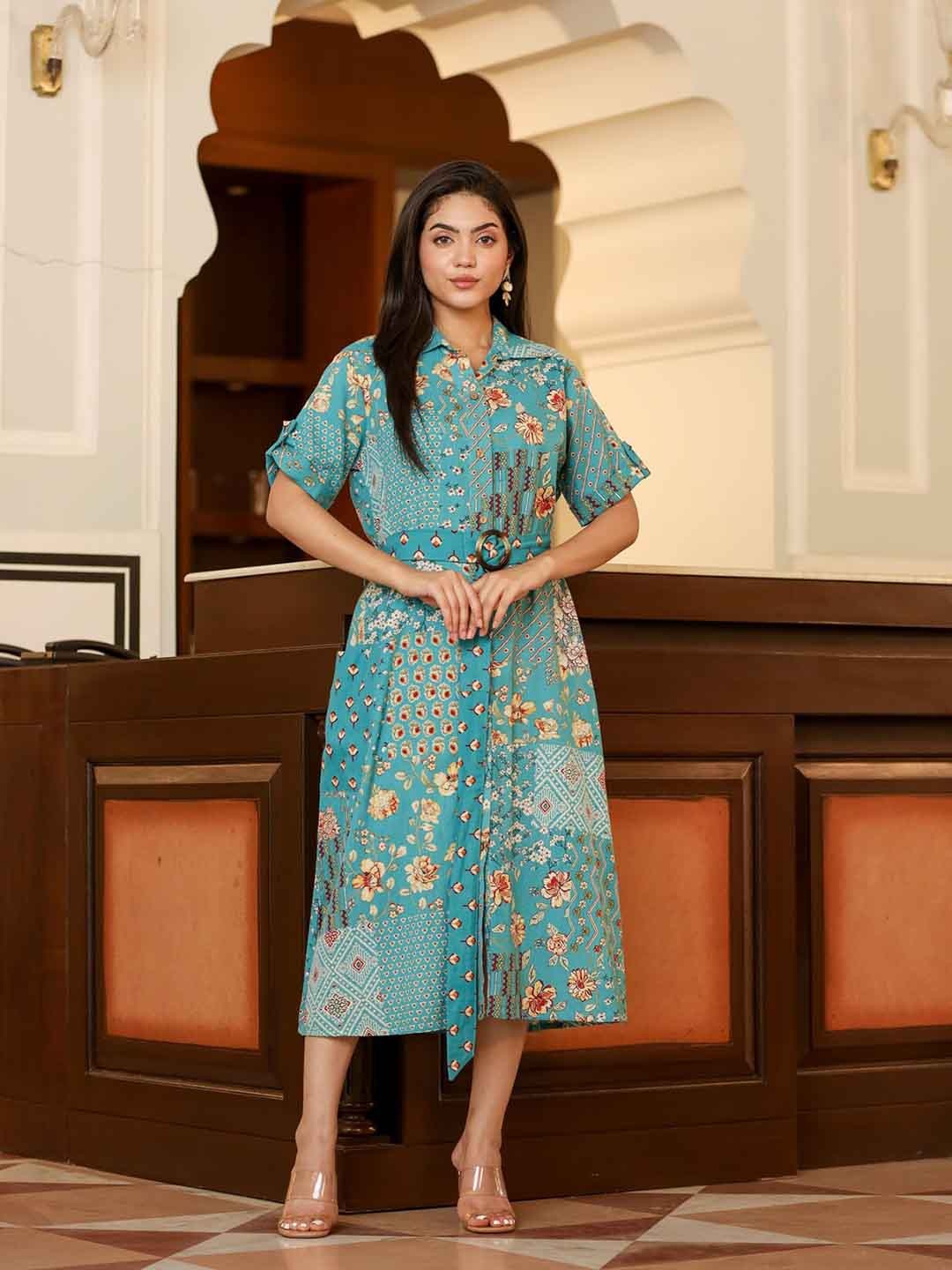 FASHION DWAR Floral Printed Shirt Collar Pure Cotton Shirt Midi Dress With Belt, Green
FASHION DWAR Floral Printed Shirt Collar Pure Cotton Shirt Midi Dress With Belt, Green