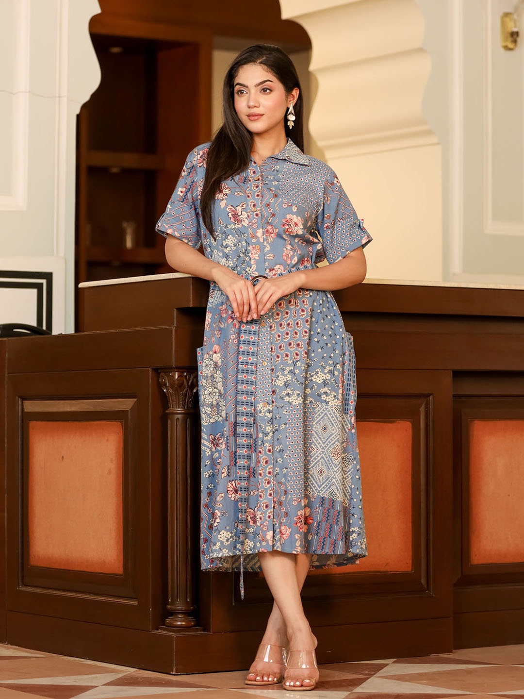 FASHION DWAR Floral Printed Roll-Up Sleeves Belted Pure Cotton Shirt Style Midi Dress, Blue
FASHION DWAR Floral Printed Roll-Up Sleeves Belted Pure Cotton Shirt Style Midi Dress, Blue