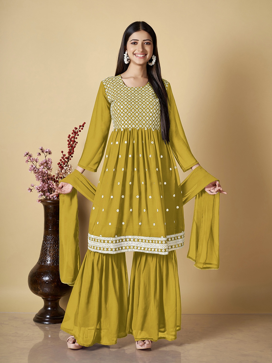 ZARIMO Floral Lucknowi Embroidered Mirror Work Kurta With Sharara & Dupatta, Mustard
ZARIMO Floral Lucknowi Embroidered Mirror Work Kurta With Sharara & Dupatta, Mustard