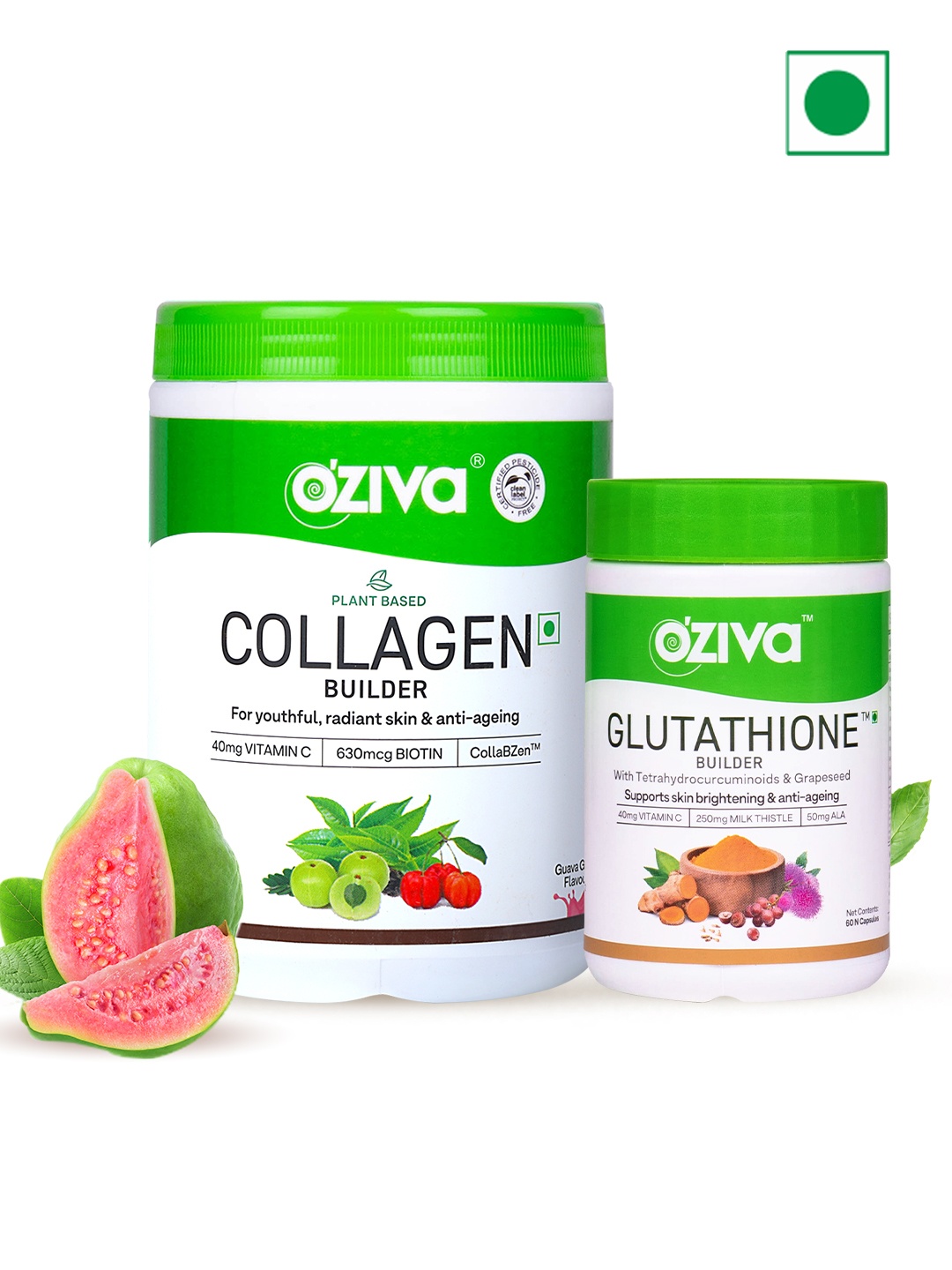 OZiva Glutathione Builder Tablets + Plant Based Guava Glow Collagen Builder Powder, Green
OZiva Glutathione Builder Tablets + Plant Based Guava Glow Collagen Builder Powder, Green
