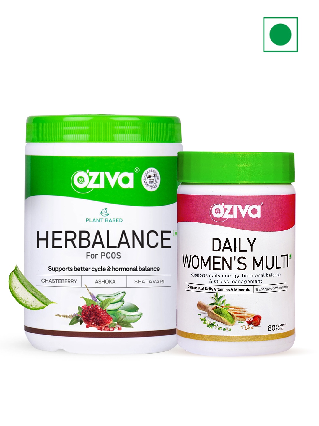OZiva Daily Women's Multi For Hormonal Balance + Plant Based Herbalance Powder, Green
OZiva Daily Women's Multi For Hormonal Balance + Plant Based Herbalance Powder, Green