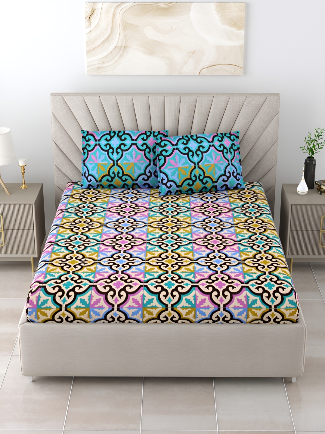 BOMBAY DYEING Blue & Purple Ethnic Motifs 120 TC Queen Bedsheet With 2 Pillow Covers
BOMBAY DYEING Blue & Purple Ethnic Motifs 120 TC Queen Bedsheet With 2 Pillow Covers