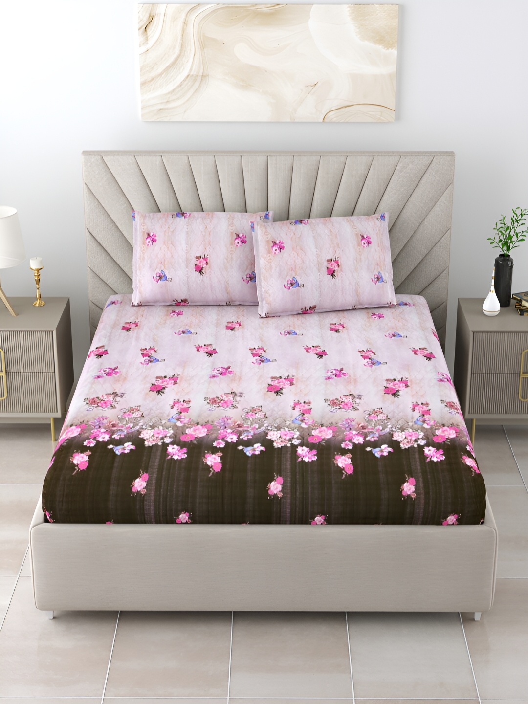 BOMBAY DYEING Pink & Brown Floral Printed Cotton 210 TC King Bedsheet with 2 Pillow Covers
BOMBAY DYEING Pink & Brown Floral Printed Cotton 210 TC King Bedsheet with 2 Pillow Covers